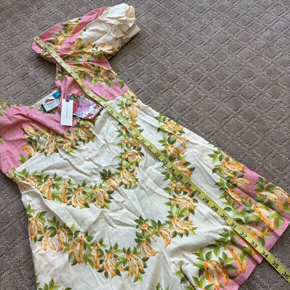 Farm Rio x Anthropologie V-Neck Puff-Sleeve Linen Romper Women's M Pink Tropical - Picture 9 of 10